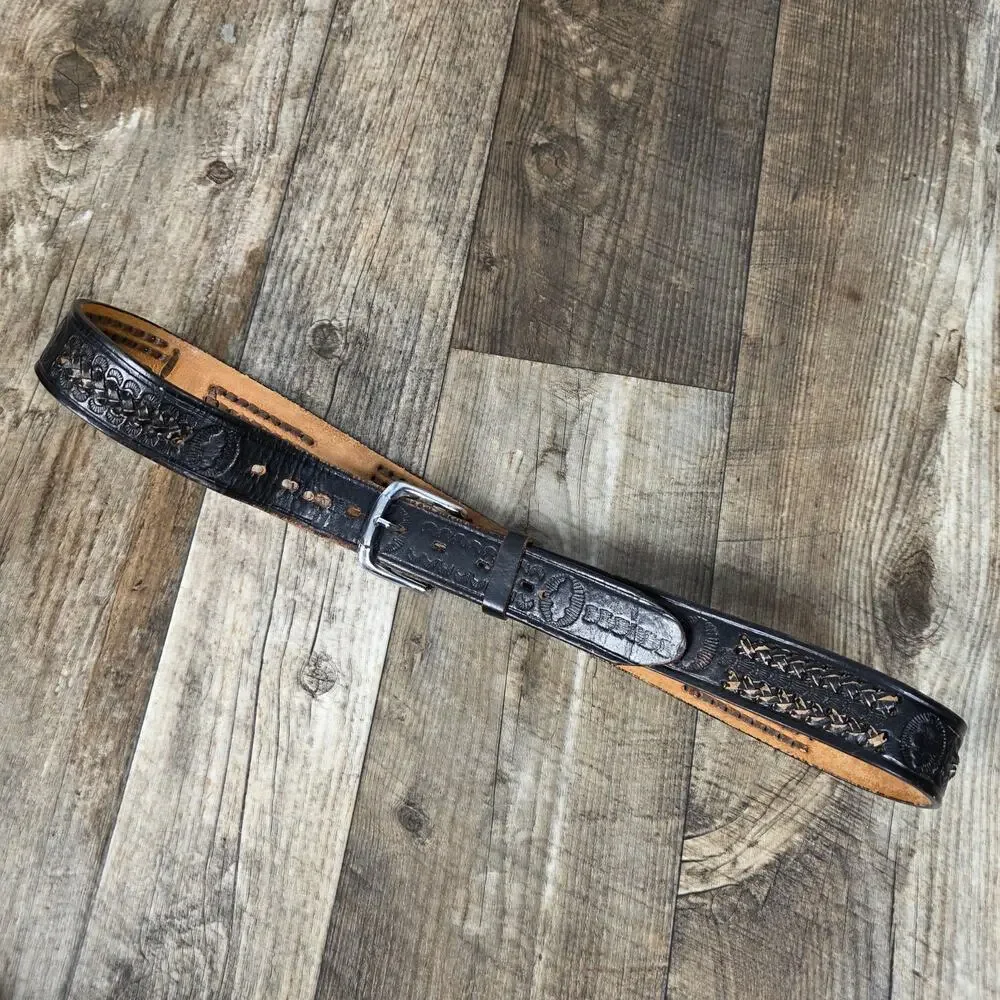 Cindilo Mexico Black Tooled Leather Western Belt Braided Cowboy 42 Distressed